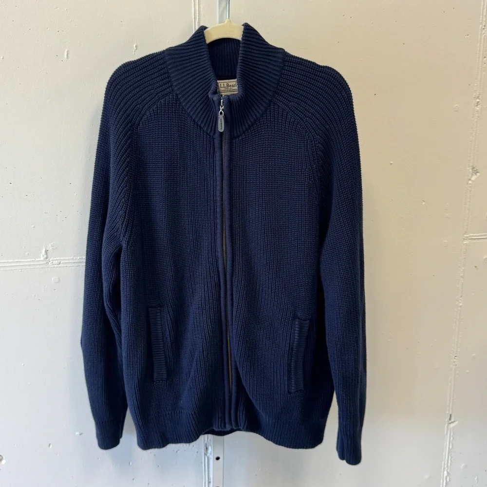 L.L. Bean Men's Large Navy Cotton Full Zip Shaker Knit Cardigan Sweater 298244